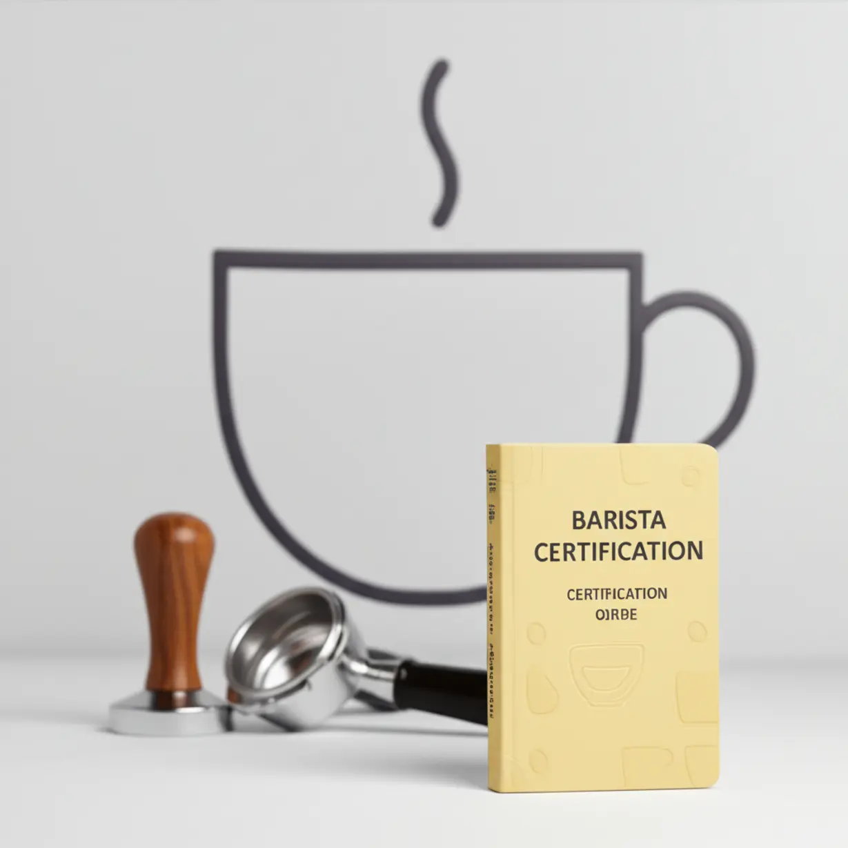A-cute-3D-image-of-barista-tools-next-to-a-certification-guide-book-and-a-coffee-cup-outline.