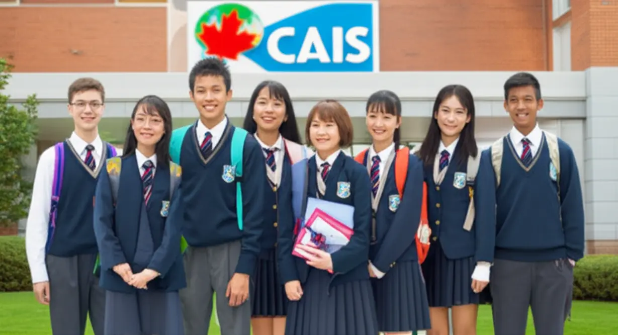 다양한-학생들이-CAIS-로고가-있는-캐나다-학교-교정에서-활기찬-모습.-캐나다-조기유학의-우수성과-안전함을-상징합니다.