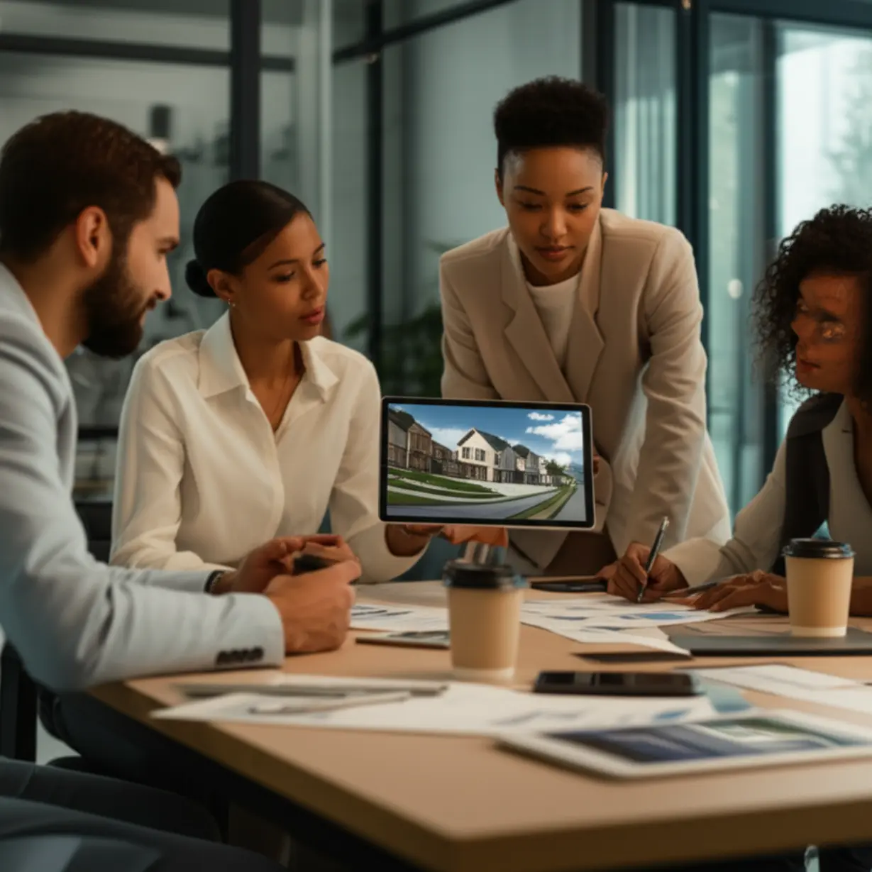 A-3D-illustration-of-professionals-collaborating-in-an-office,-symbolizing-career-growth-and-opportunities-in-real-estate.