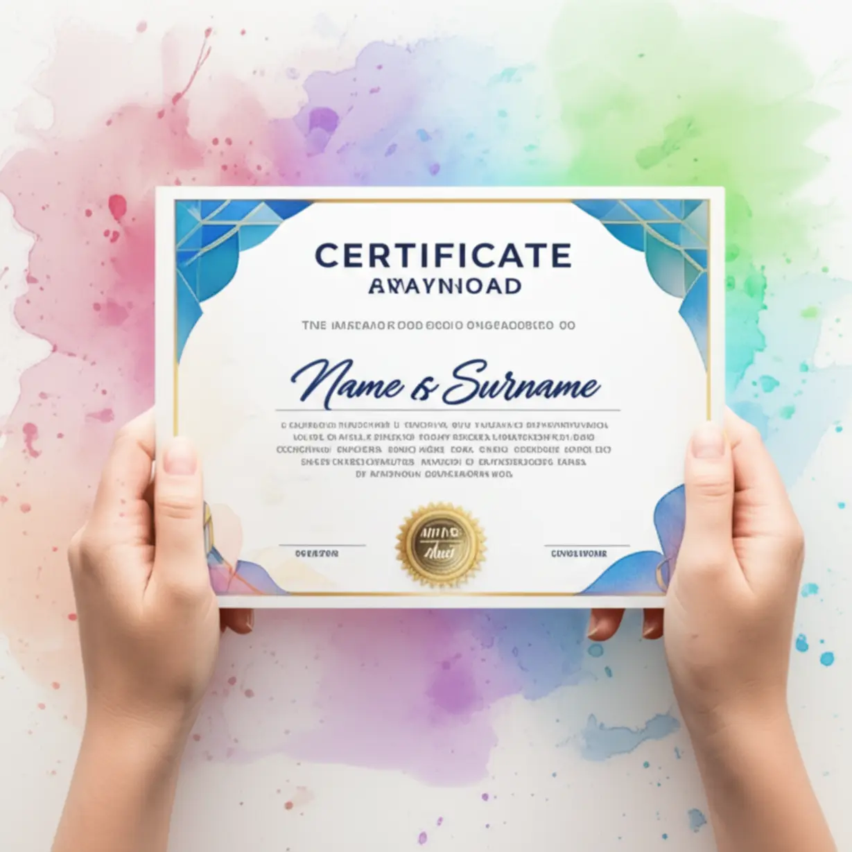 Hands-holding-a-beautifully-designed-certificate-with-colorful-watercolor-splashes-in-the-background,-symbolizing-achievement.