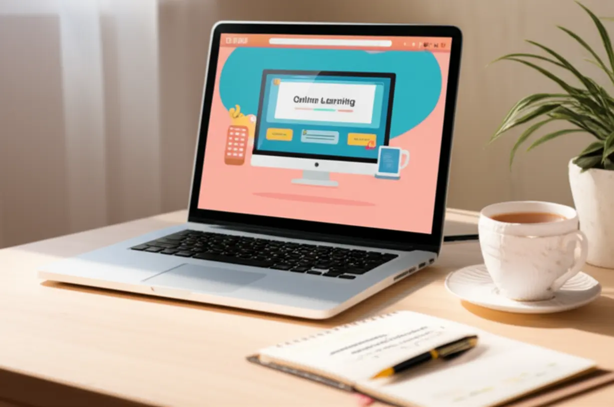 A-3D-illustration-of-a-laptop,-notes,-and-study-materials-in-a-cozy-setting,-depicting-online-learning-for-certification.