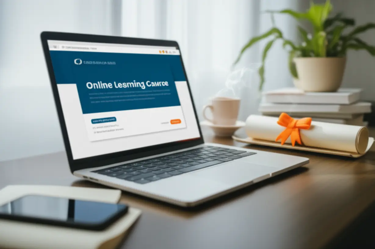 온라인-강의-화면과-자격증-스크롤이-있는-깔끔한-책상-풍경의-귀여운-3D-이미지