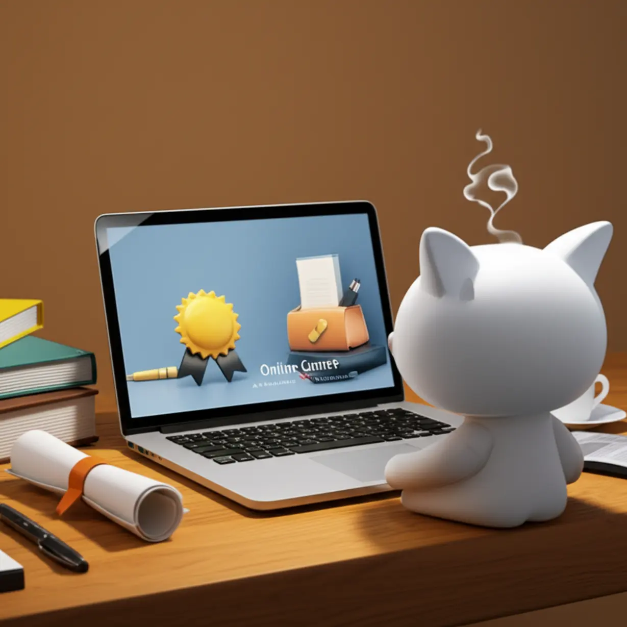 A-cute-3D-illustration-of-a-character-studying-online-for-a-certification-exam,-with-books-and-a-laptop,-and-a-certification-badge,-representing-the-certification-process-and-study-methods-for-an-Insurance-Review-and-Evaluation-Specialist.