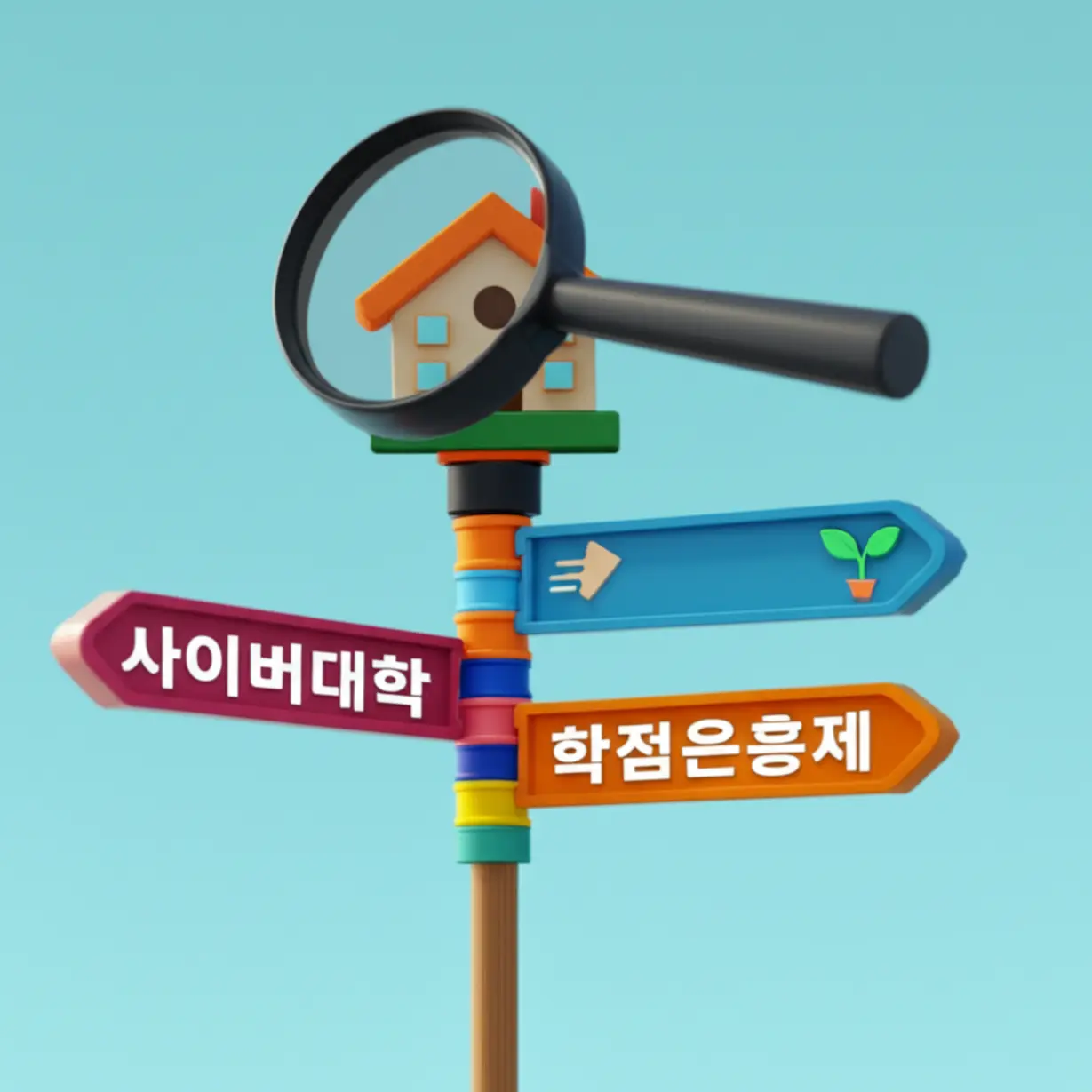 A-cute-3D-illustration-of-a-signpost-comparing-Cyber-University-and-Credit-Banking-System-paths.