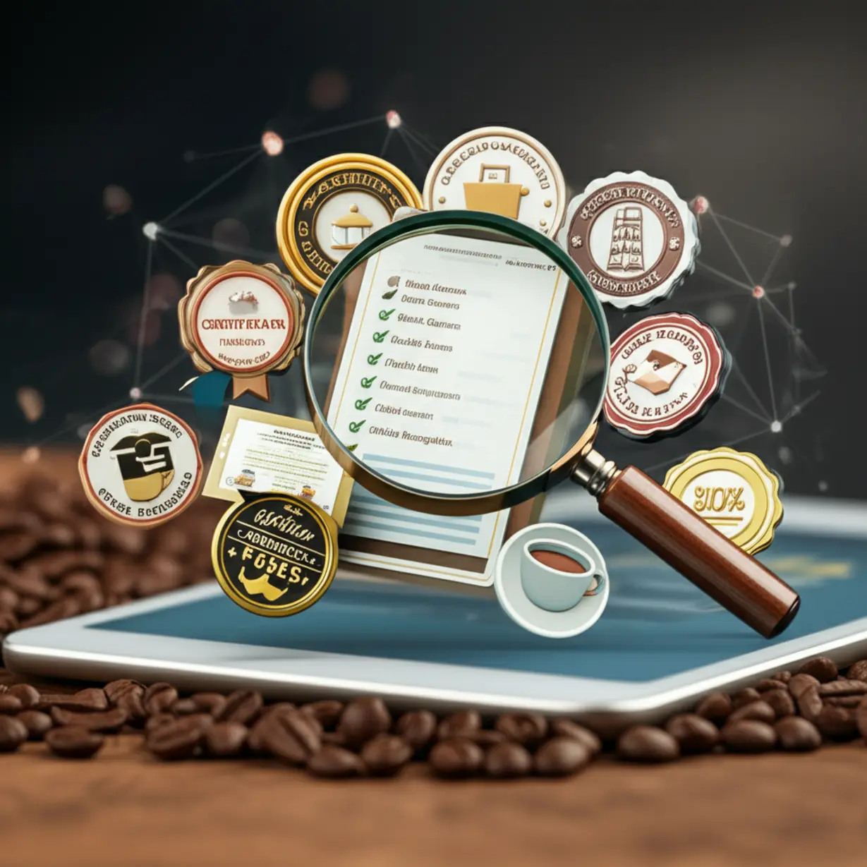 A-3D-rendering-of-various-barista-certificate-icons-and-a-magnifying-glass-examining-a-checklist-on-a-tablet-for-selecting-a-certification-body.