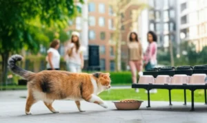 A-serene-3D-image-of-a-clean-urban-park-with-a-well-maintained-stray-cat-feeding-station,-a-cat-approaching,-and-blurred-apartment-buildings-in-the-background,-symbolizing-harmony.