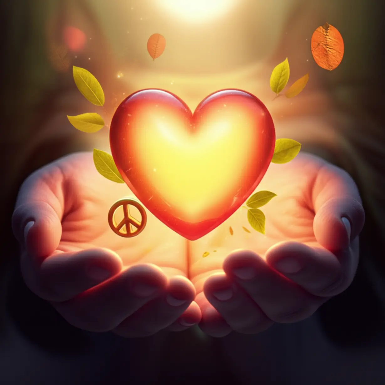 Glowing-hands-cupping-a-radiating-heart,-surrounded-by-soft-light-and-leaves,-representing-peace-and-joy.