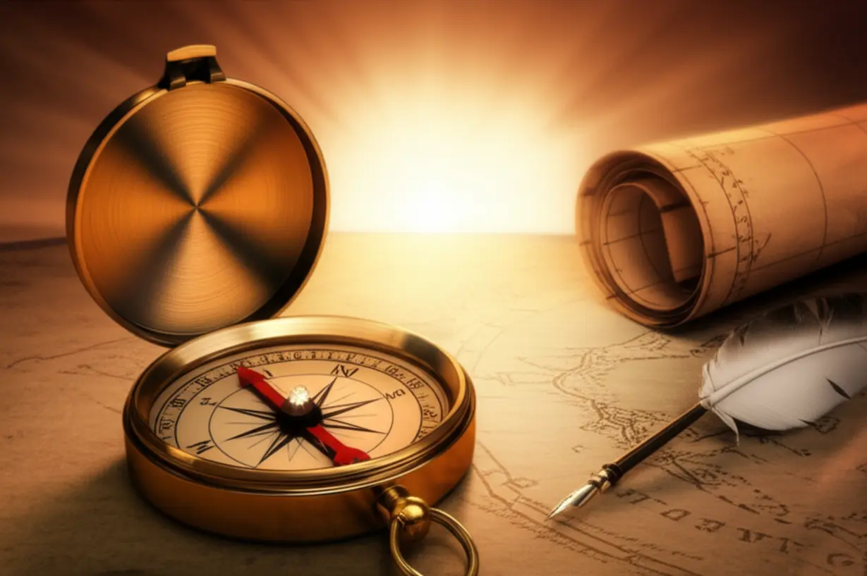 A-cute-3D-image-of-a-compass-pointing-towards-a-softly-glowing-light,-representing-a-clear-goal.-A-partially-filled-map-and-a-quill-pen-are-nearby.