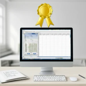 A-vibrant-3D-rendering-of-a-modern-desk-with-a-computer-displaying-a-spreadsheet,-an-open-textbook,-and-a-floating-gold-certificate,-symbolizing-successful-acquisition-of-the-Computer-Literacy-Level-1-certification.