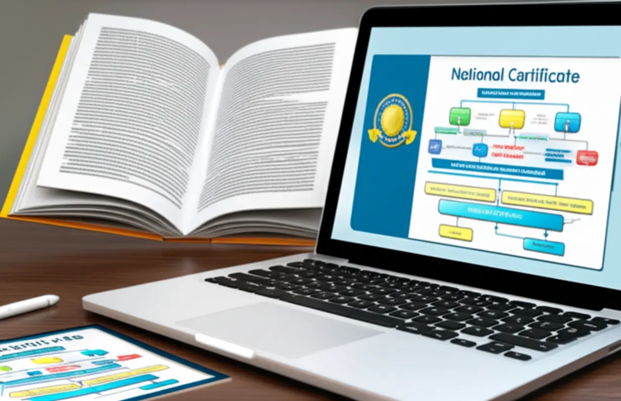 An-open-accounting-textbook,-a-laptop-with-financial-charts,-and-a-national-certificate-document,-symbolizing-the-foundational-knowledge-and-official-recognition-of-the-Computerized-Tax-Accounting-Level-2-certification.