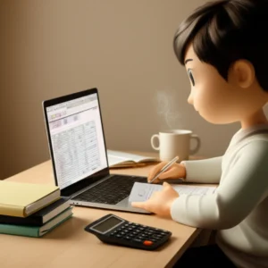 A-simplified-3D-depiction-of-a-person-studying-computerized-tax-accounting-at-a-well-organized-desk-with-books,-a-laptop,-and-a-calculator,-bathed-in-warm-light.