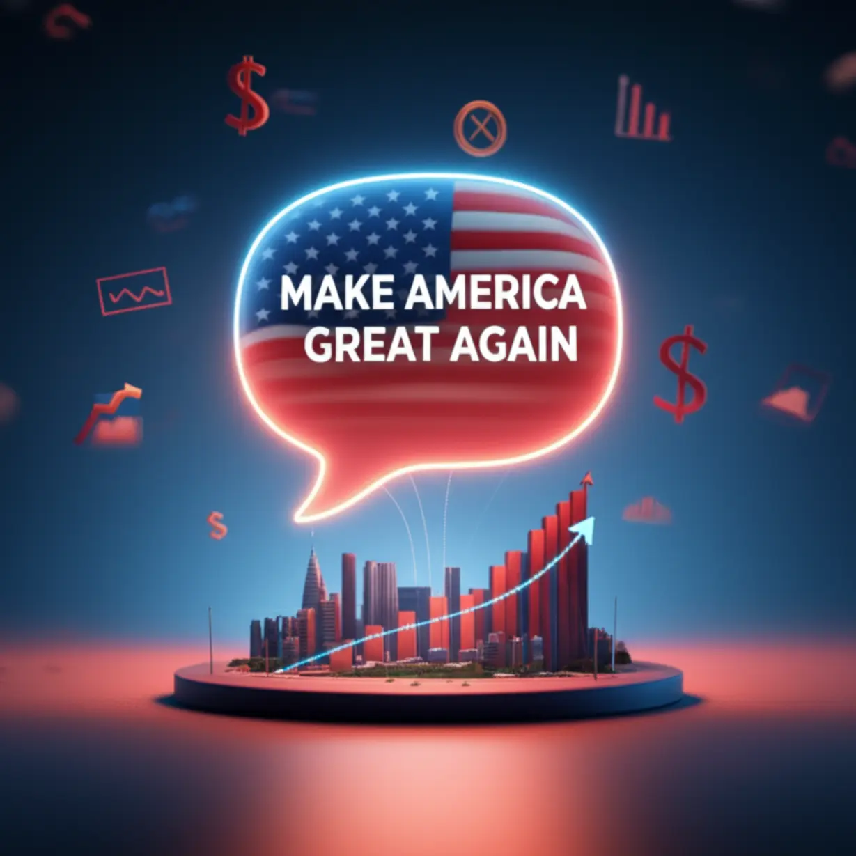 3D-illustration-of-a-speech-bubble-over-a-prosperous-cityscape,-symbolizing-a-national-slogan-of-renewal-and-economic-growth.