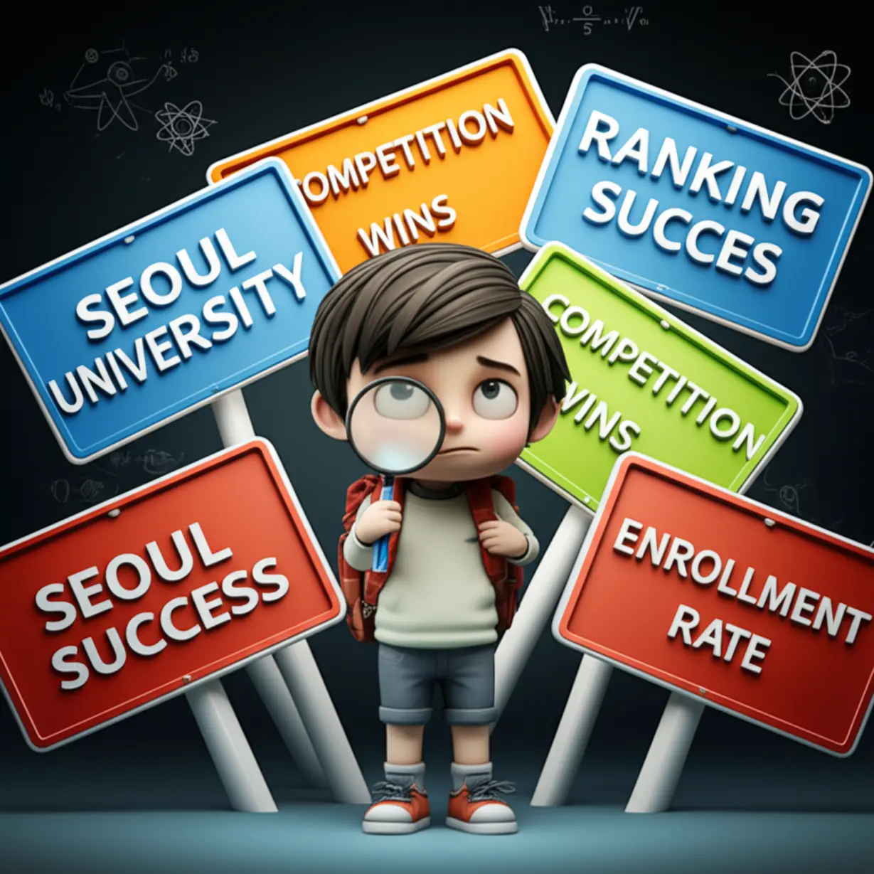 A-3D-rendering-of-a-confused-student-holding-a-magnifying-glass,-surrounded-by-multiple-conflicting-ranking-signs-pointing-in-various-directions,-with-scientific-elements-in-the-background.