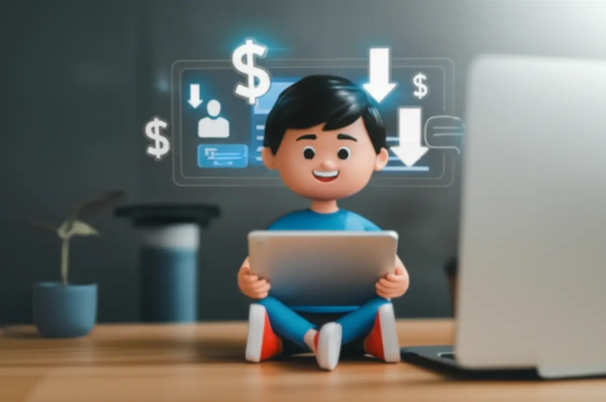 A-person-happily-studying-online,-with-icons-of-cost-savings-and-a-digital-mentor,-in-a-comfortable-setting.