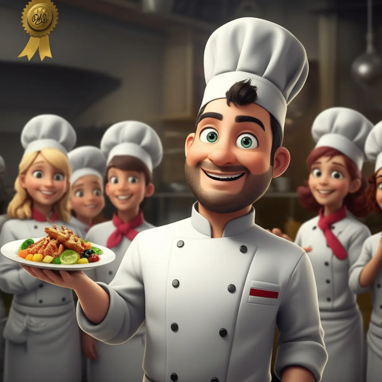 A-3D-image-of-a-confident-animated-chef-character-presenting-a-well-plated-dish,-surrounded-by-supportive-peers,-illustrating-skill-development-and-increased-confidence.
