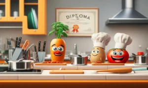 A-vibrant-3D-rendering-of-a-modern-kitchen-classroom-with-cute-food-characters-learning-to-cook,-symbolizing-successful-culinary-education.