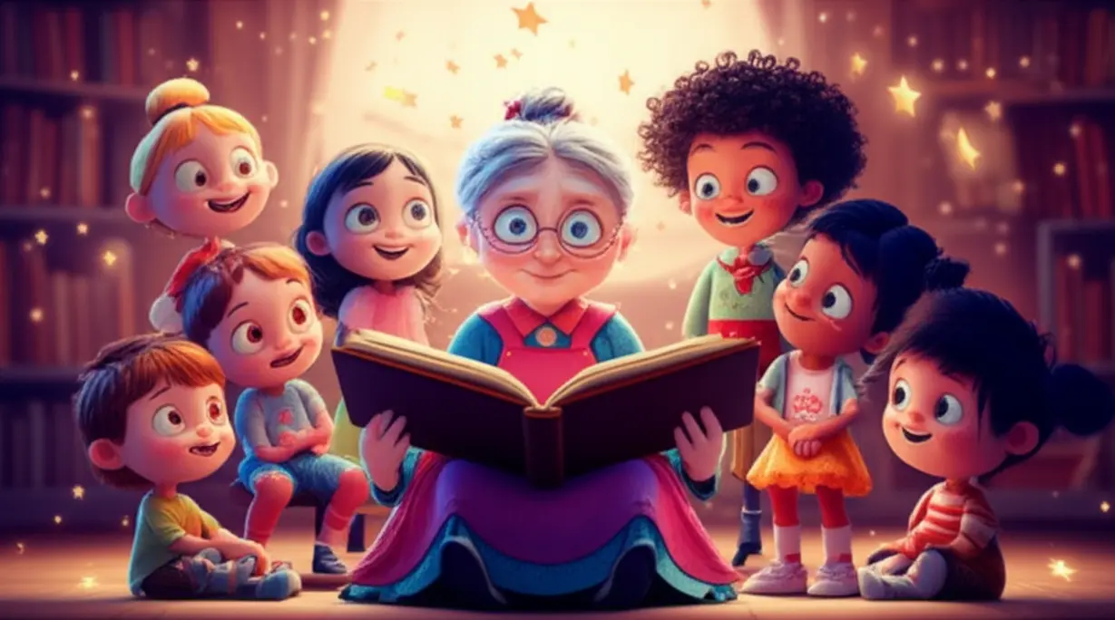 마더구스-캐릭터가-아이들에게-책을-읽어주는-따뜻한-분위기의-귀여운-3D-이미지