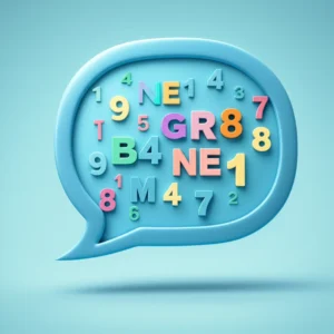 디지털-채팅-버블에-GR8,-B4,-NE1-같은-영어-줄임말이-나타나고-숫자와-알파벳이-해독되는-과정을-보여주는-귀여운-3D-이미지