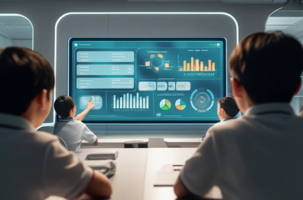 A-cute-3D-image-depicting-students-in-an-advanced-classroom-using-holographic-displays-for-personalized-study-plans,-representing-effective-and-differentiated-educational-strategies.