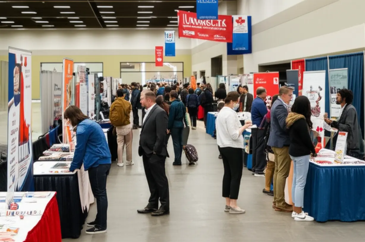 박람회장에서-학부모와-학생들이-학교-관계자들과-활발하게-상담하는-모습.-캐나다-유학-정보-교류의-중요성을-보여줍니다.