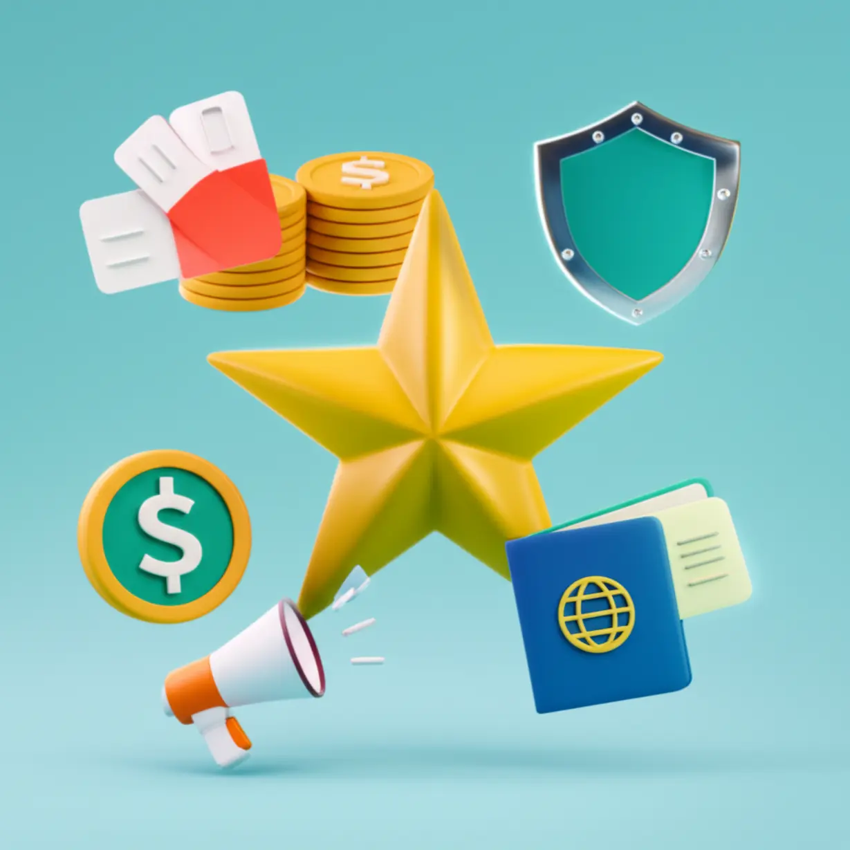 으뜸기업이-받는-다양한-혜택을-상징하는-배지와-아이콘으로-구성된-3D-이미지