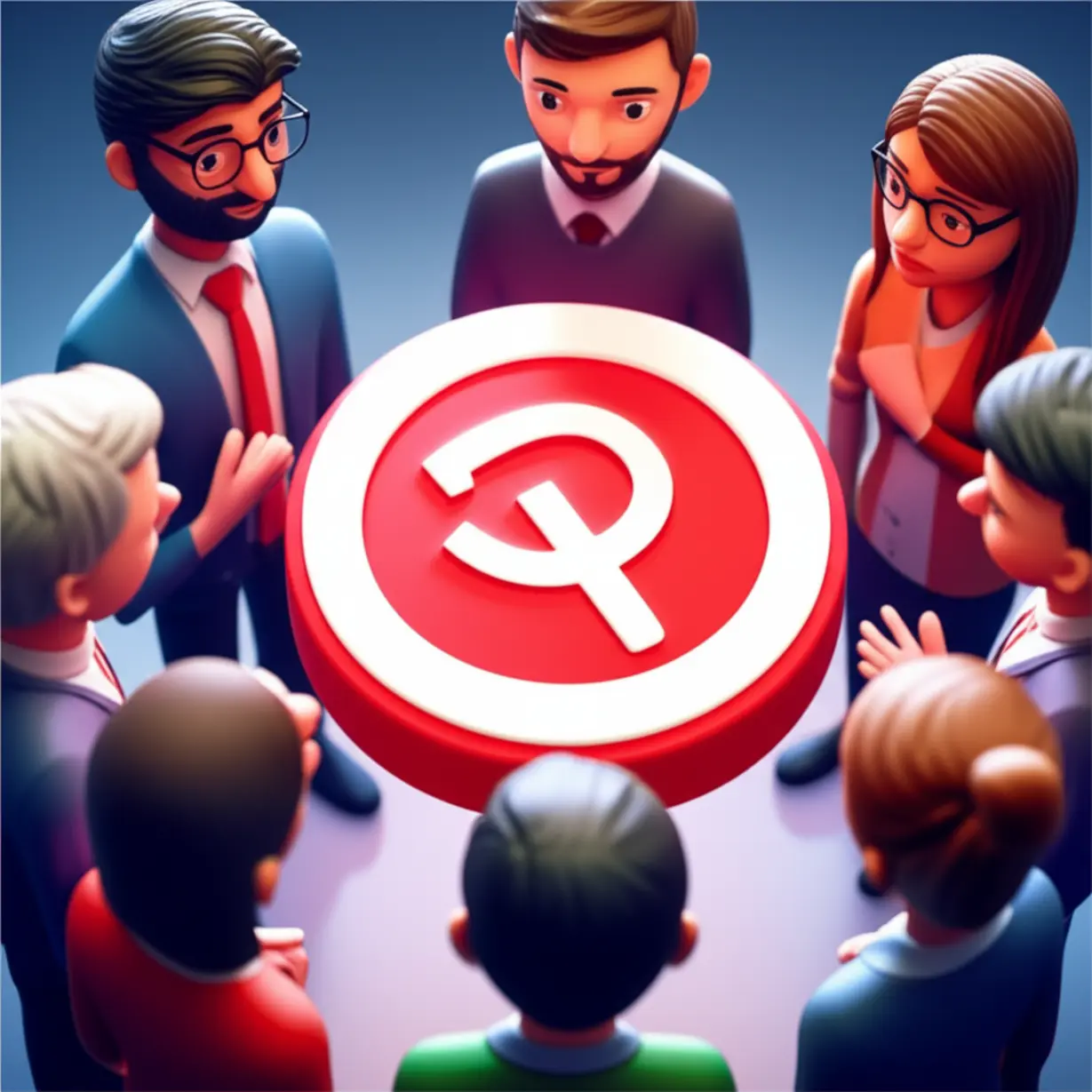 3D-illustration-of-a-political-symbol-surrounded-by-groups-of-people-with-diverse-expressions,-showing-varied-societal-interpretations.