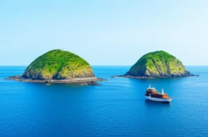 A-3D-illustration-of-Dokdo-islands-surrounded-by-blue-sea-with-a-traditional-Korean-boat.