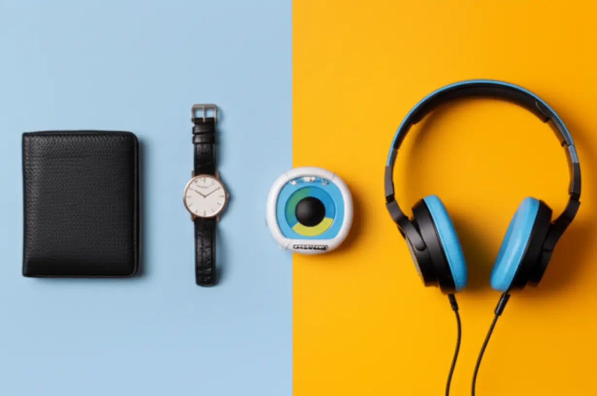 Cute-3D-image-showing-contrasting-items:-elegant-accessories-versus-flashy,-youthful-gadgets.