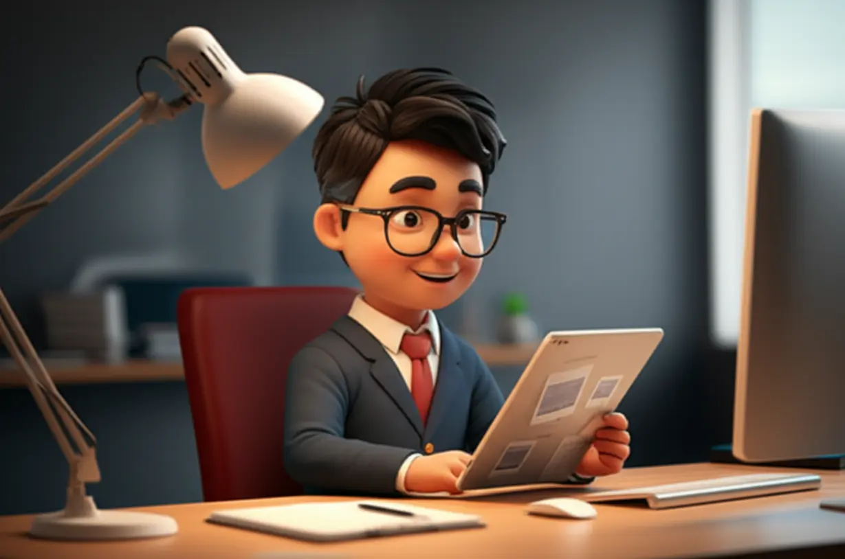 깔끔한-책상에서-디지털-교재를-만드는-웃는-교수님의-모습