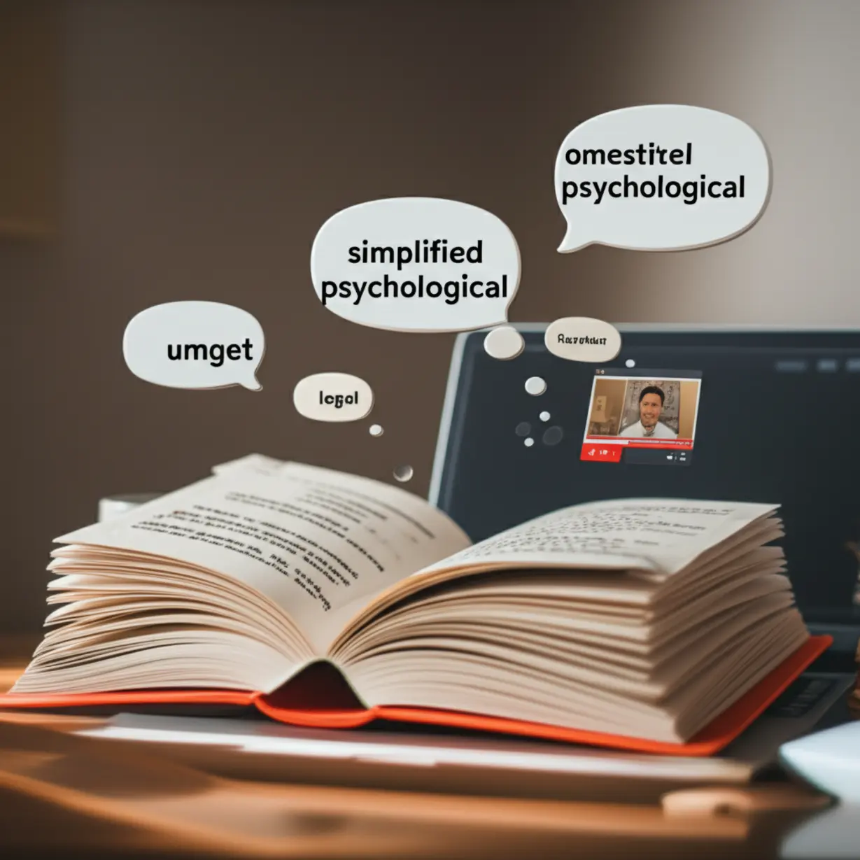 친절한-설명과-강조된-부분이-있는-열린-교과서와-무료-강의가-재생되는-노트북.-심리학-용어와-법률-용어가-생각-풍선으로-떠-있다.