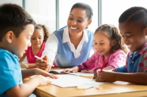 A-kind-after-school-caregiver-smiling-brightly-while-helping-diverse-elementary-school-children-with-various-activities-in-a-sunlit-classroom.