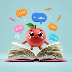 A-friendly-English-grammar-book-discussing-'a',-'an',-'the'-with-illustrative-speech-bubbles-and-academic-motifs.
