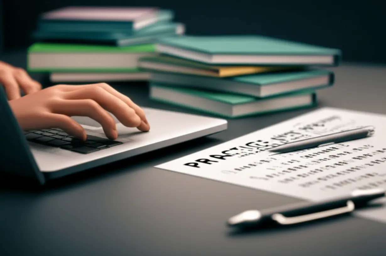 Simplified-hands-interacting-with-a-laptop,-solving-a-practice-test,-with-an-exam-paper-and-pen-nearby,-and-a-stack-of-study-books-in-the-background,-illustrating-practical-exam-preparation-and-effective-study-methods.