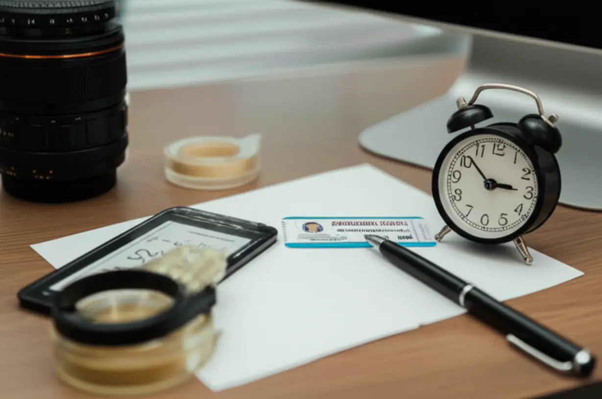 수험표,-신분증,-필기구,-수정테이프가-놓인-책상과-9시-30분을-가리키는-시계가-있는-귀여운-3D-이미지