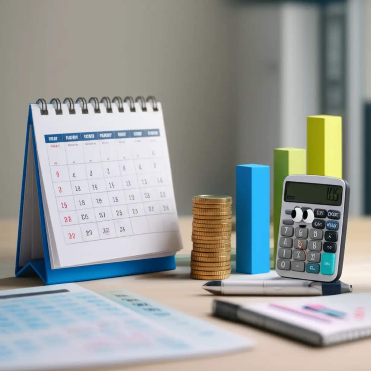 달력의-시험-일정과-연봉-상승을-나타내는-동전-스택-또는-바-차트,-그리고-그것들을-바라보는-귀여운-3D-계산기-캐릭터.