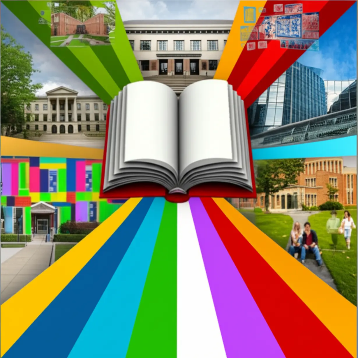 Cute-3D-illustration-of-an-open-book-with-multiple-branching-paths-leading-to-various-career-environments-like-libraries,-schools,-offices,-and-digital-platforms.