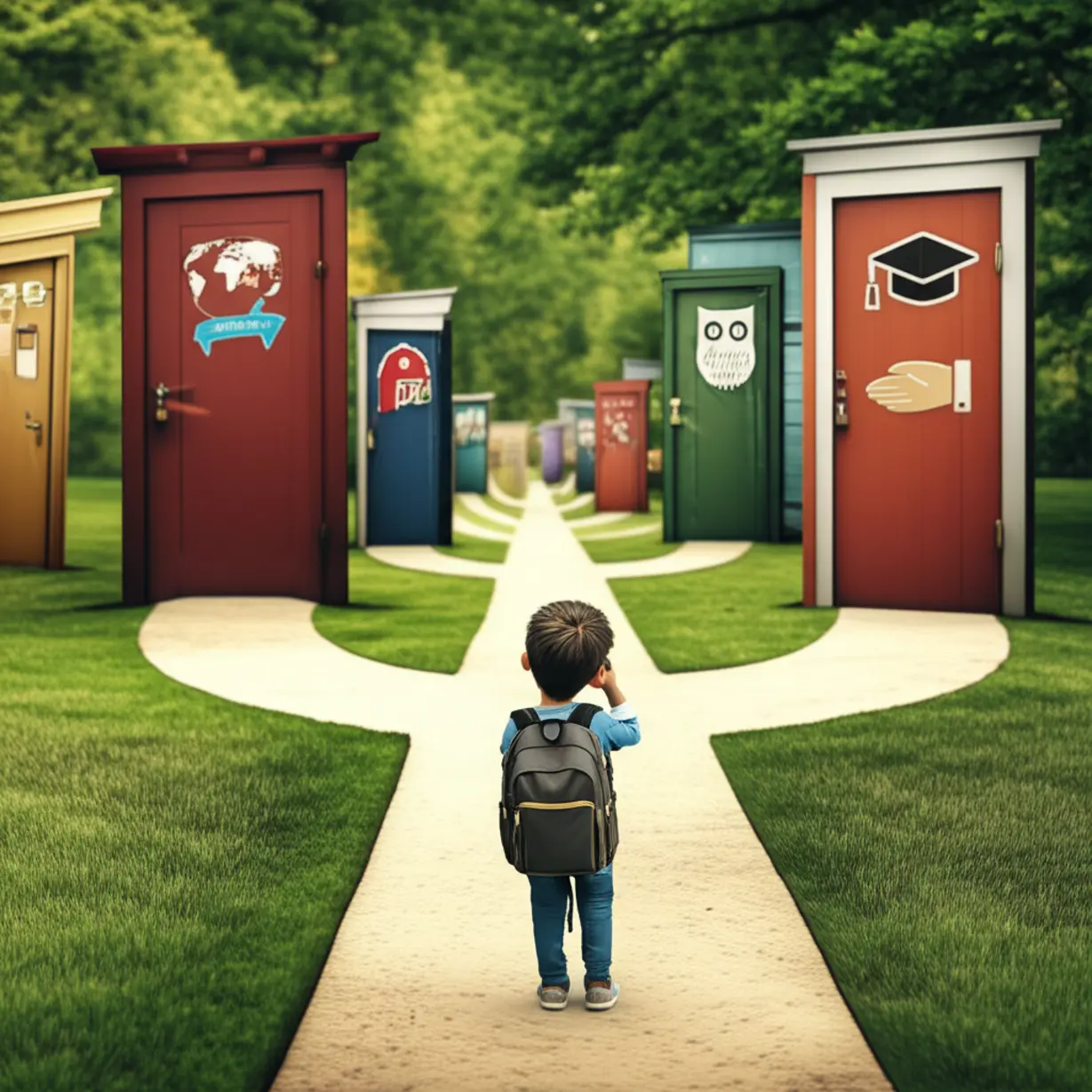 Student-character-looking-at-branching-paths-with-doors-for-different-admission-types.