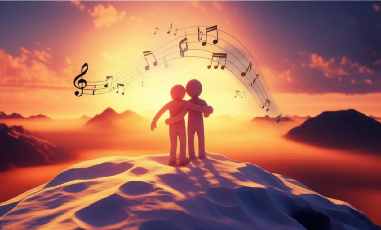 두-개의-추상적인-형태의-인물이-눈-덮인-고요한-산봉우리에서-함께-아름다운-석양을-바라보고-있다.-한-인물은-다른-인물을-부드럽게-지지하며-삶의-마지막-여정을-함께하는-동반자-관계를-상징한다.-그들-주위로-음표들이-우아하게-떠다닌다.