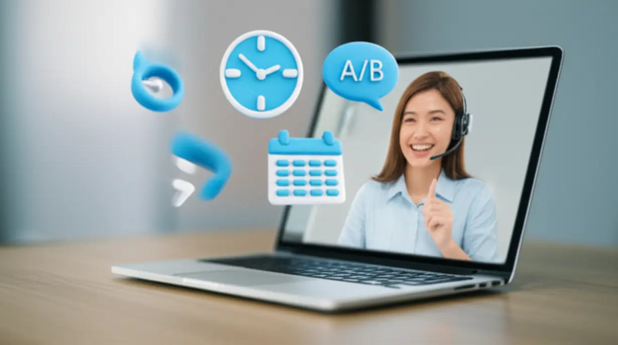A-student-with-a-headset-and-laptop,-surrounded-by-icons-of-flexible-scheduling-like-clocks-and-calendars,-representing-adaptable-online-classes.