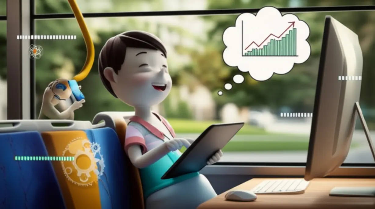 A-child-happily-learning-English-on-various-devices-in-different-locations,-illustrating-the-flexibility-and-consistent-progress-of-online-education.