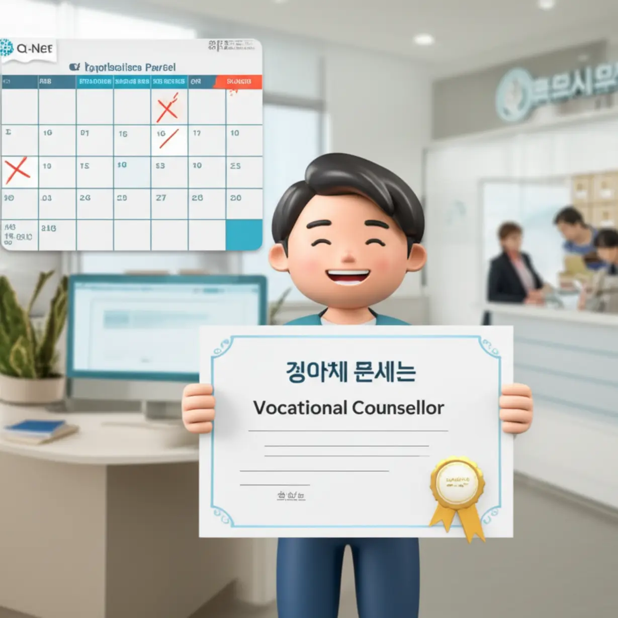직업상담사-시험-서류-제출부터-합격-후-고용복지센터에서-일하는-귀여운-3D-이미지