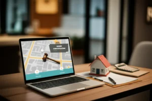 A-3D-illustration-of-legal-documents,-a-miniature-house,-and-financial-charts,-representing-the-field-of-real-estate-rights-analysis-and-certification.