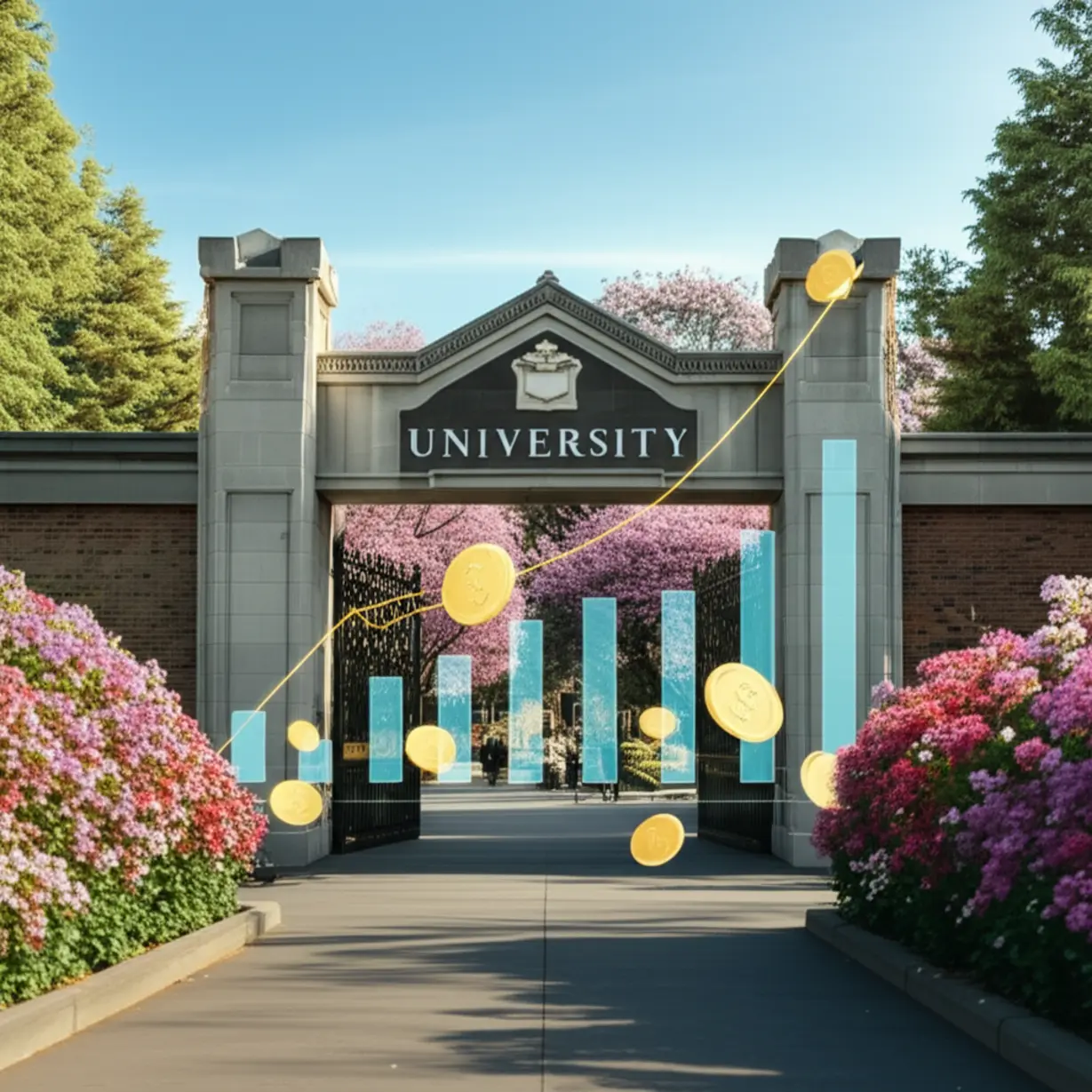 한라대학교-캠퍼스-입구와-등록금-변동을-나타내는-그래프-및-동전-이미지의-귀여운-3D-표현