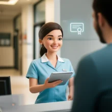 병원코디네이터가-환자를-친절하게-응대하며-자격증-아이콘이-배경에-있는-귀여운-3D-이미지