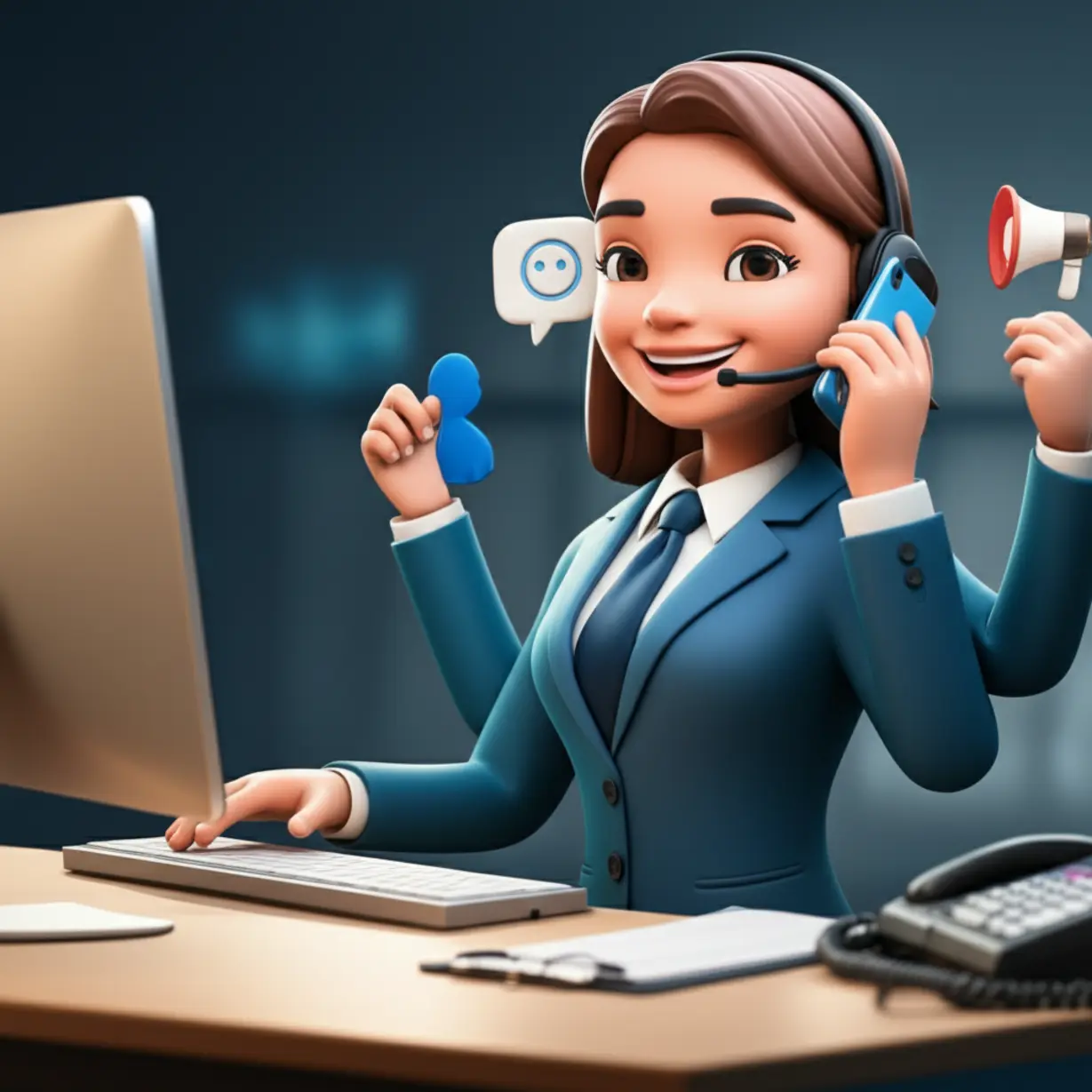 병원코디네이터가-고객-응대,-행정-업무,-상담,-마케팅을-동시에-처리하는-귀여운-3D-이미지