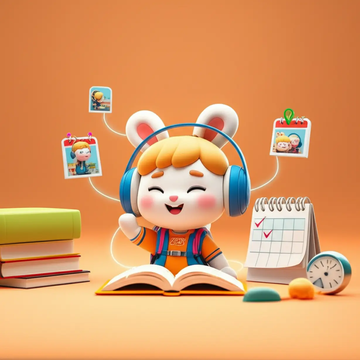A-cute-3D-rabbit-engaged-in-various-English-learning-activities,-illustrating-a-complete-and-effective-self-study-routine.