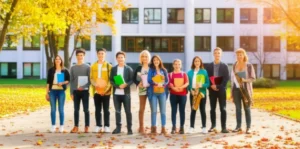 A-group-of-happy-students-with-books-and-instruments-in-front-of-Howon-University.