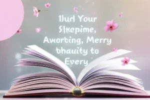 Open-book-with-glowing-English-phrases-floating-out,-surrounded-by-flowers-and-soft-light,-symbolizing-inspiration-and-positive-energy.