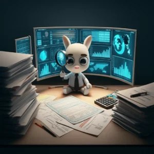 A-cute-3D-illustration-of-a-character-analyzing-insurance-data-and-documents-in-an-office,-symbolizing-the-role-of-an-Insurance-Review-and-Evaluation-Specialist.