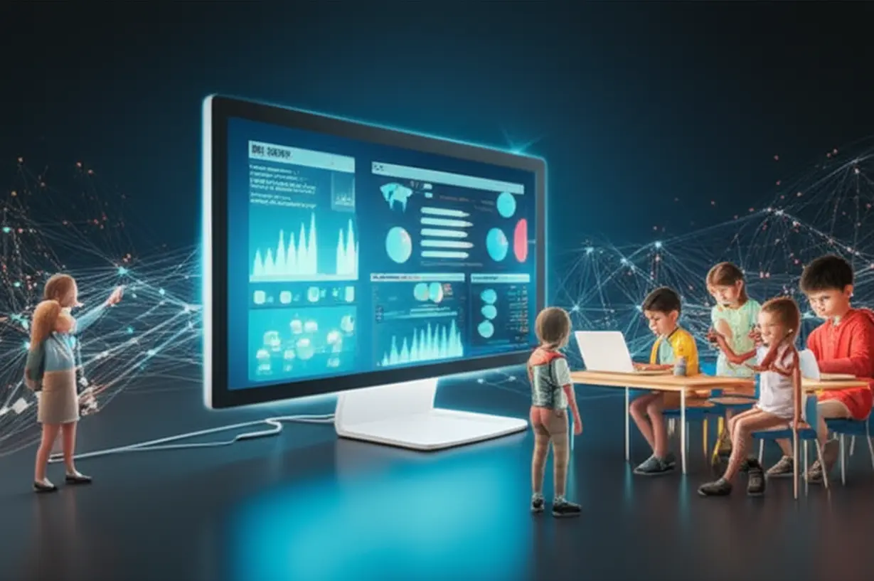 A-3D-cute-image-depicting-an-integrated-AI-educational-system-with-teacher-dashboards,-diverse-students-learning,-and-glowing-data-connections.